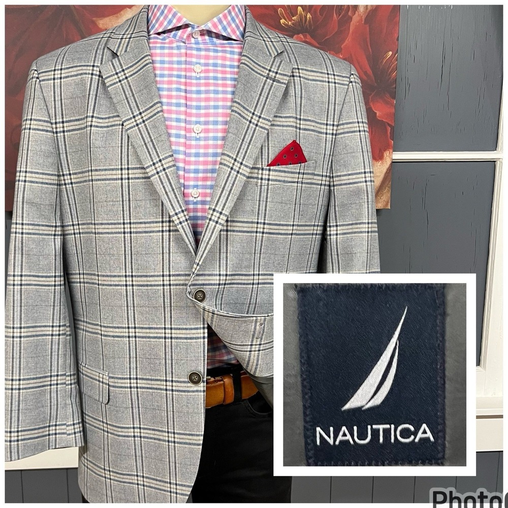 Nautica 👉Altered👈 Blazer Mens 48R Polyester Blend Stretch‎ Blue/Gray